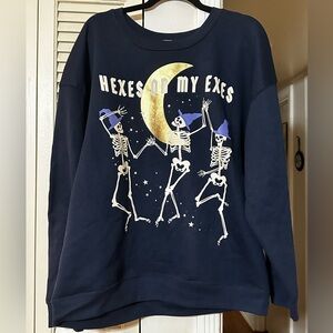 Women’s navy blue Halloween crew neck sweatshirt Hexes on my Exes